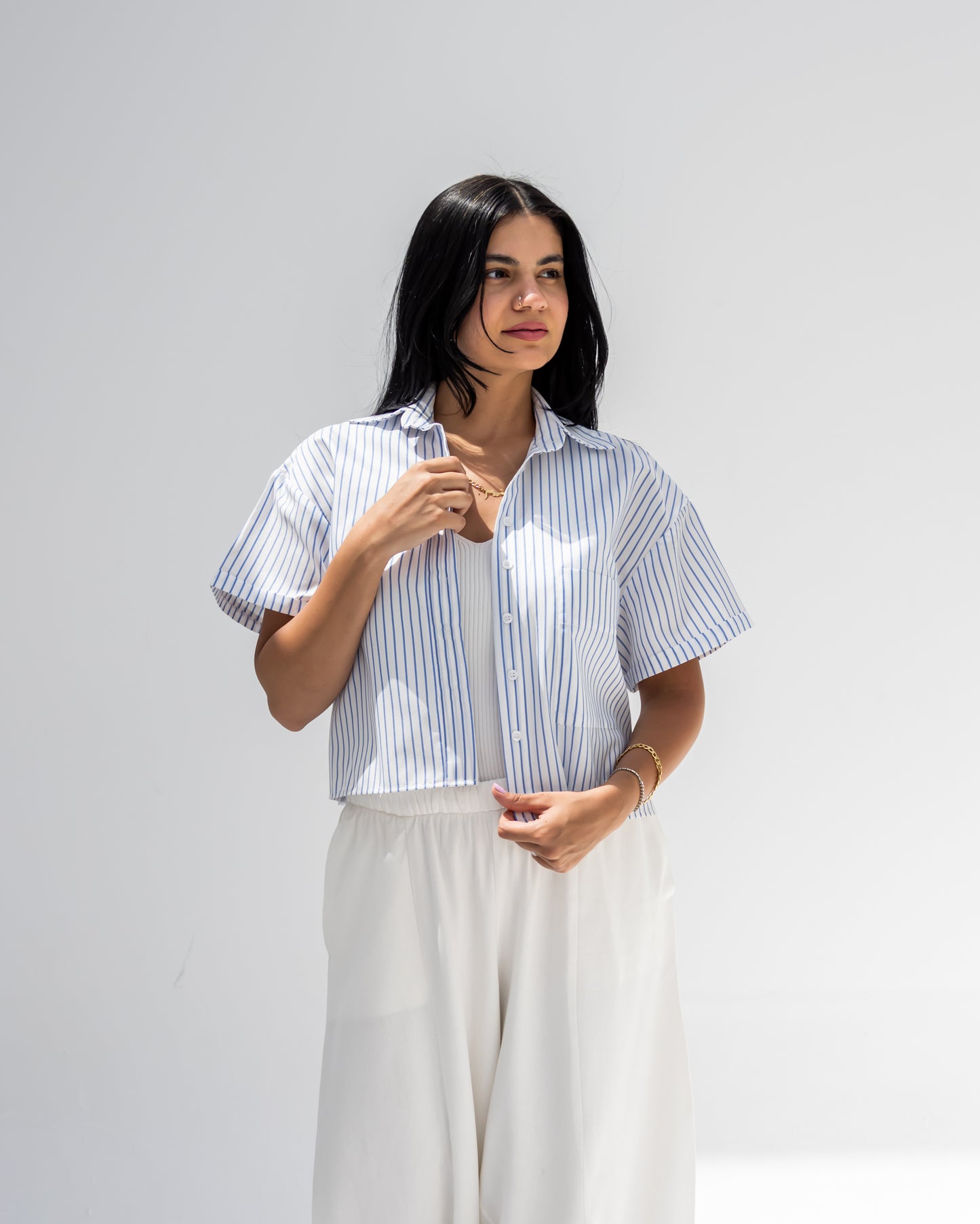 Striped Shirt In Baby Blue "half-sleeves"