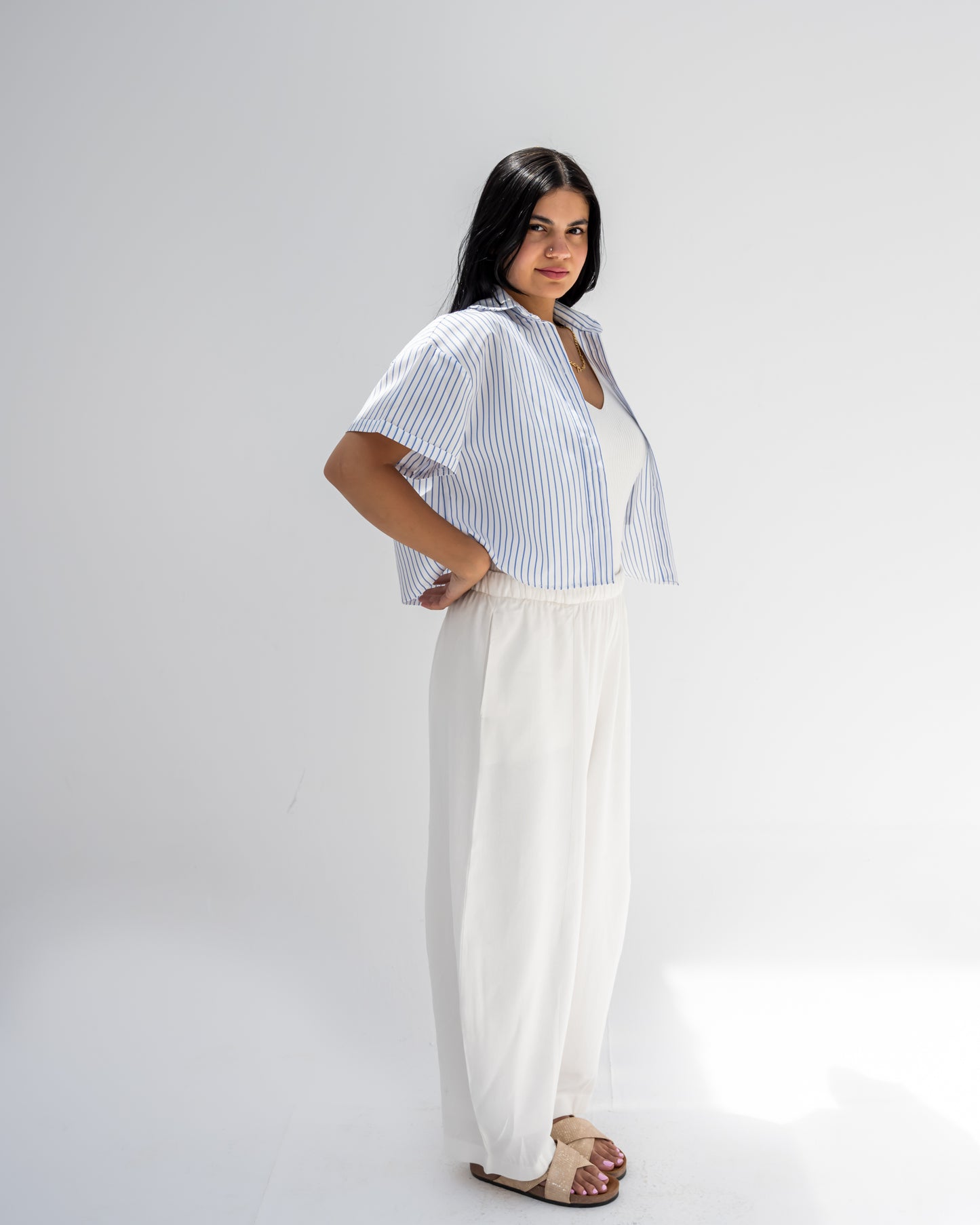 Striped Shirt In Baby Blue "half-sleeves"