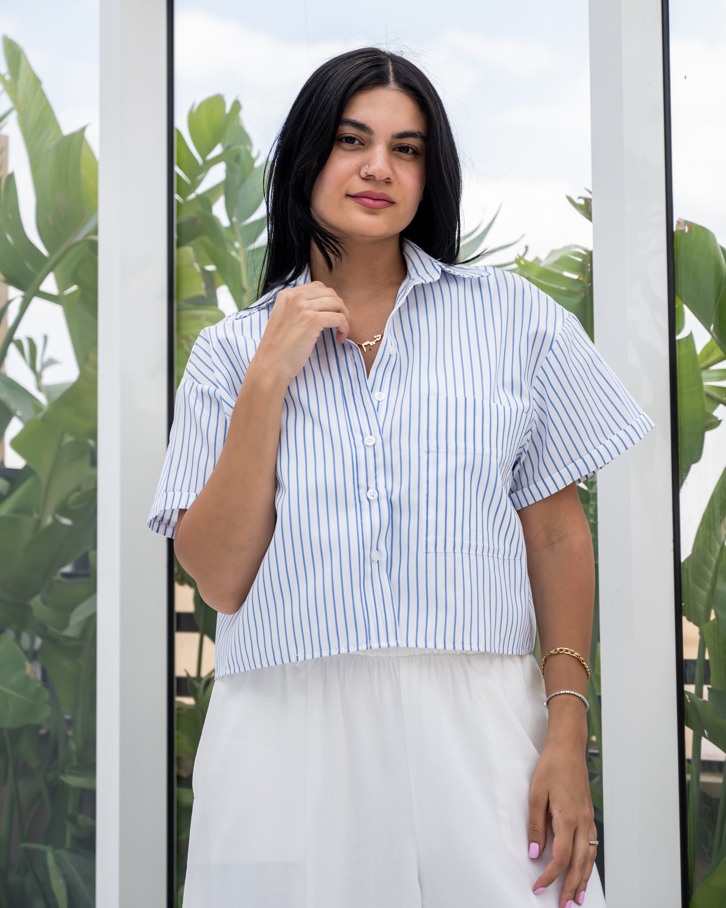 Striped Shirt In Baby Blue "half-sleeves"