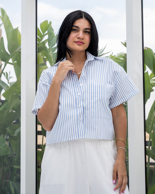Striped Shirt In Baby Blue "half-sleeves"