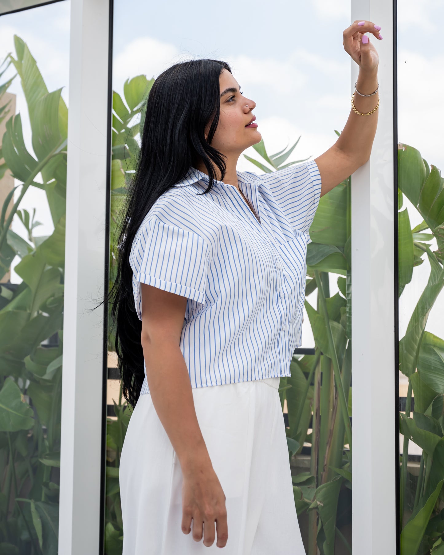 Striped Shirt In Baby Blue "half-sleeves"
