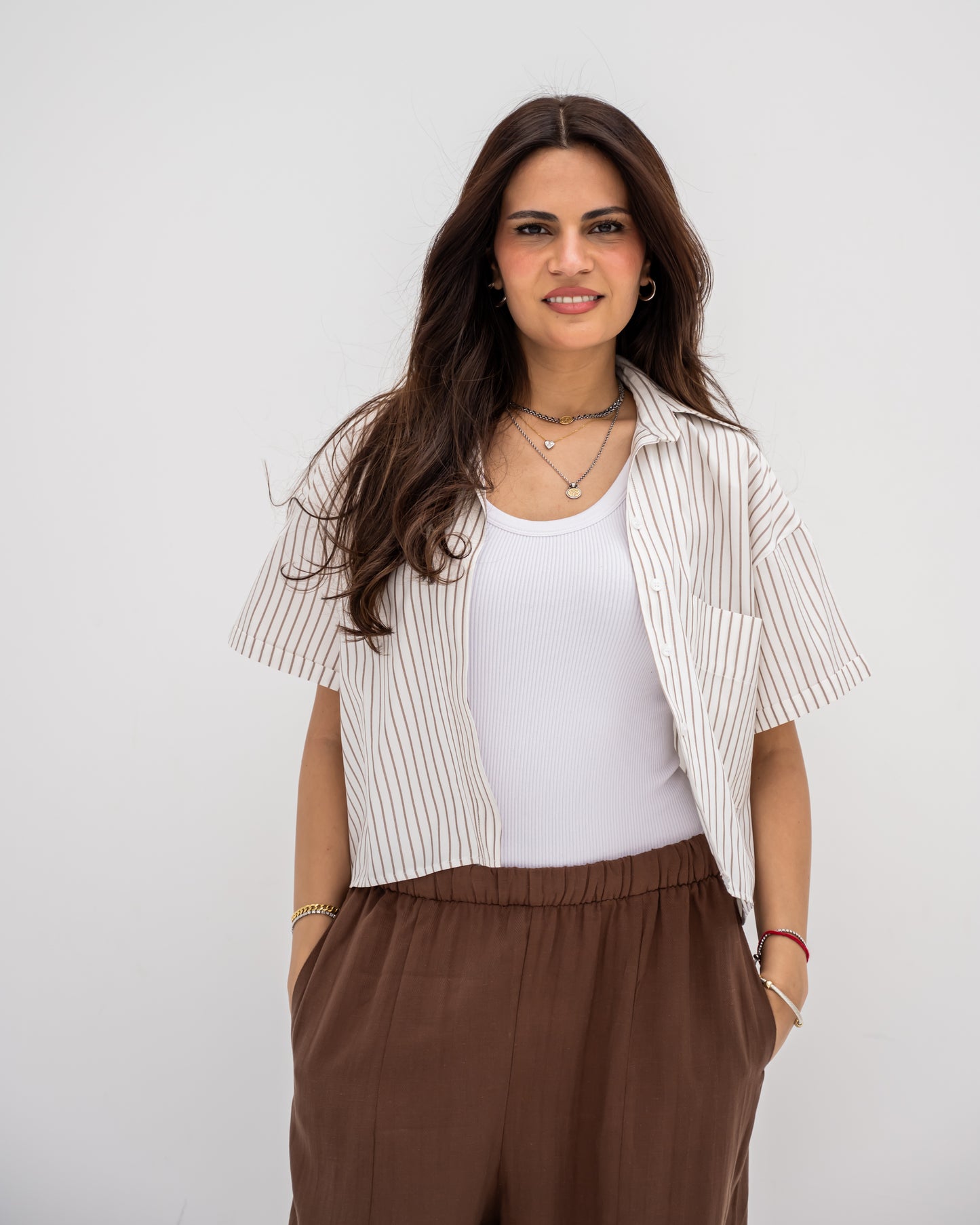 Striped Shirt In Beige "half-sleeves"
