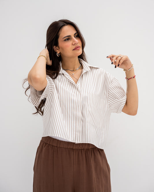 Striped Shirt In Beige "half-sleeves"