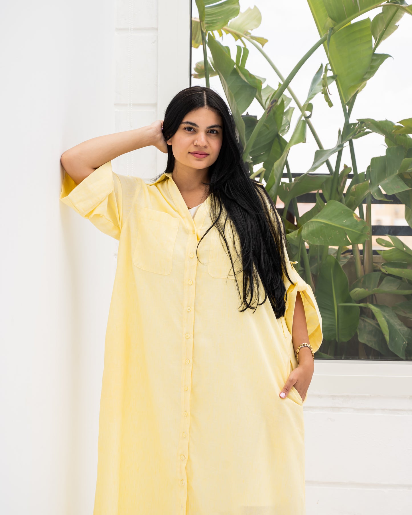 Linen Shirt Dress In Butter Yellow