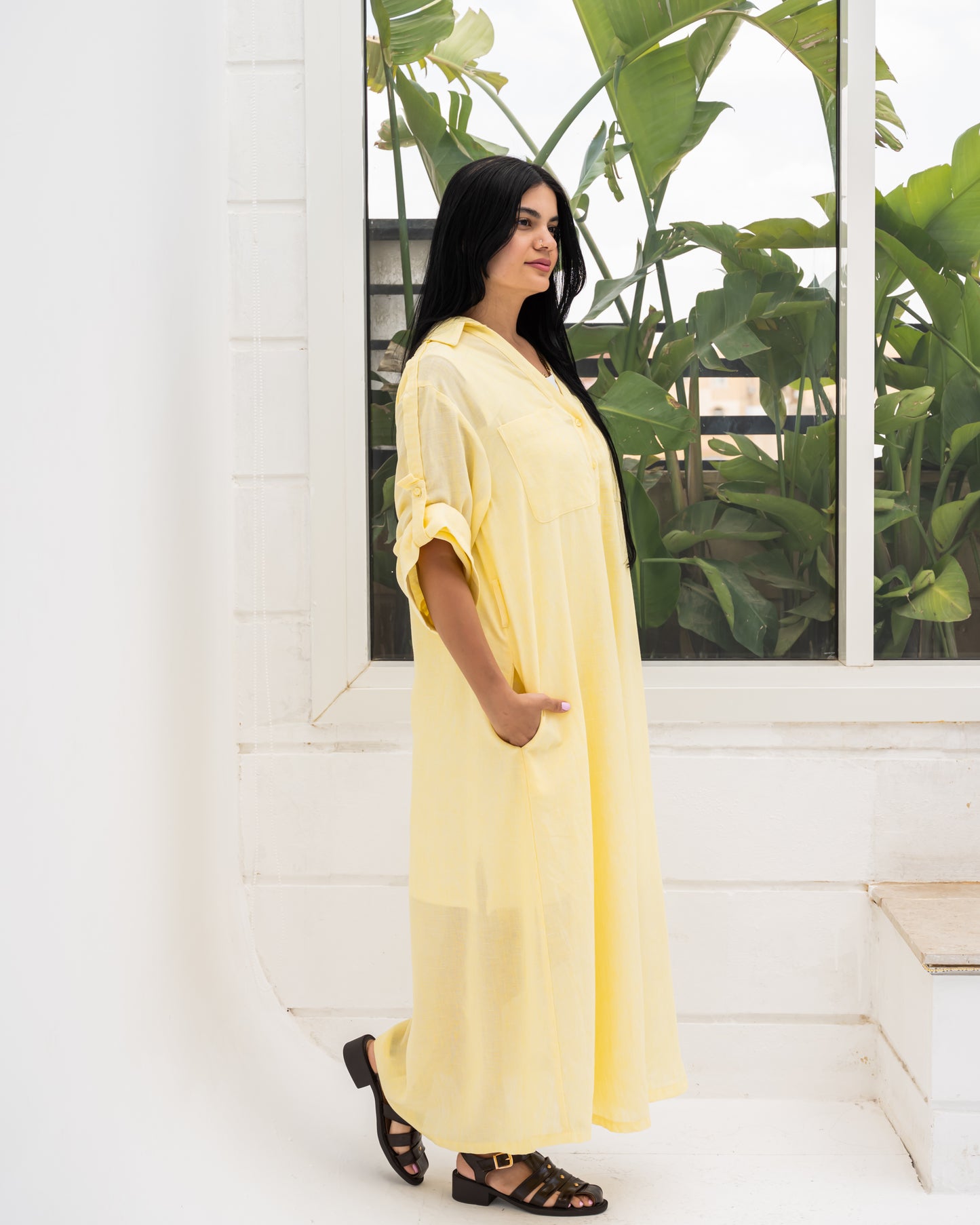 Linen Shirt Dress In Butter Yellow