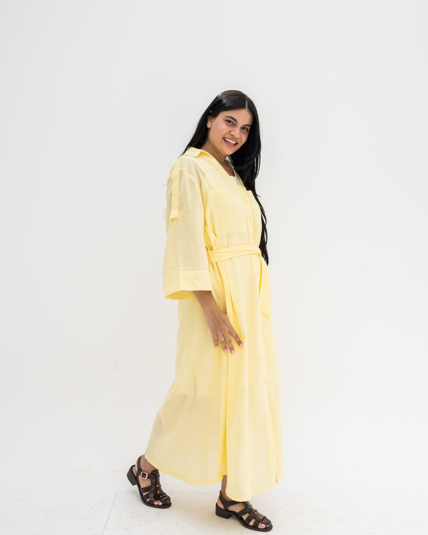 Linen Shirt Dress In Butter Yellow