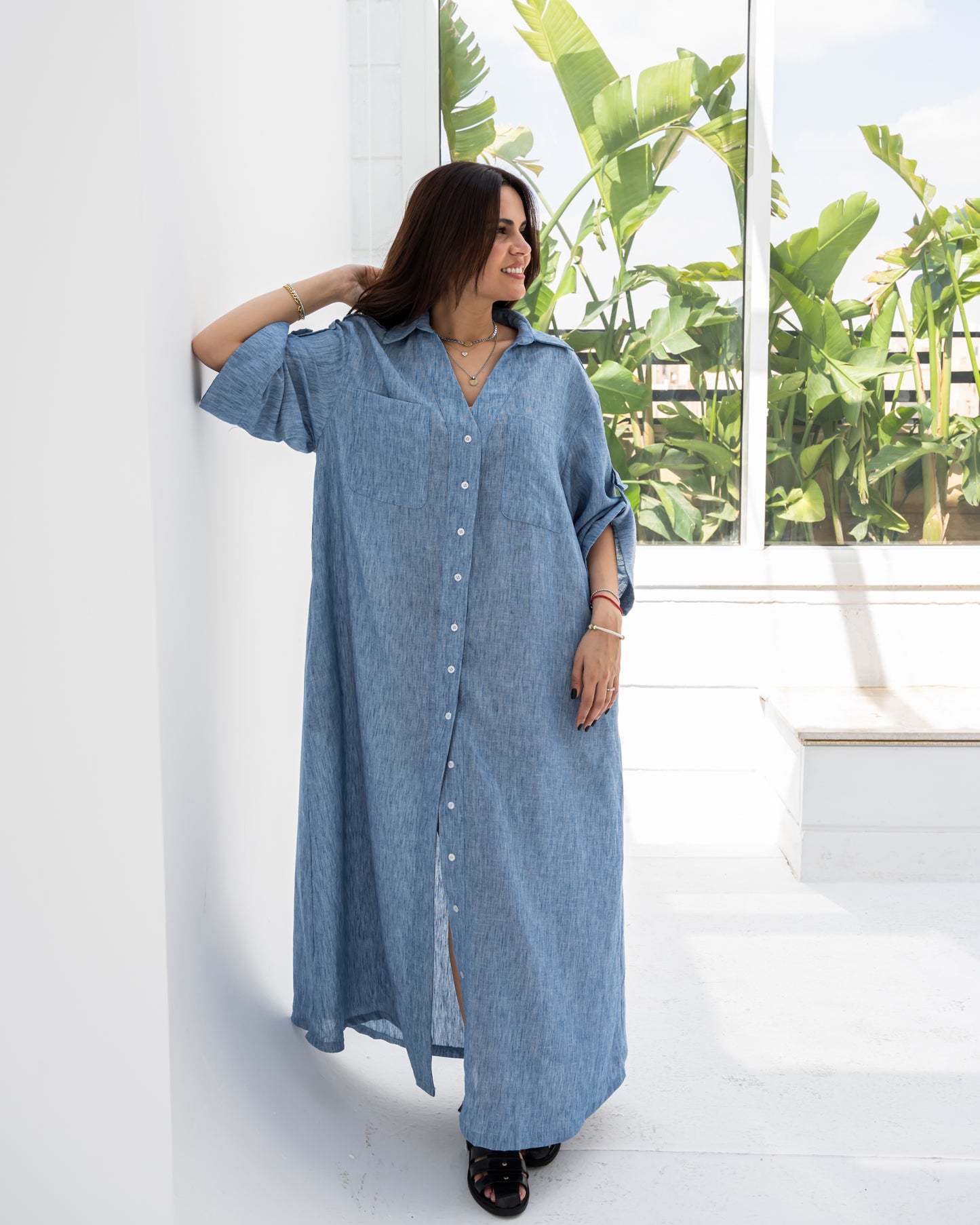 Linen Shirt Dress In Dust Blue