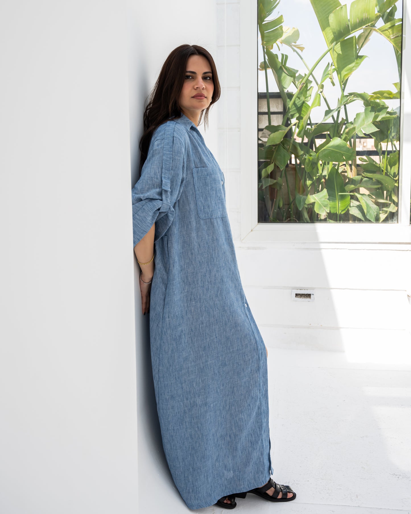 Linen Shirt Dress In Dust Blue