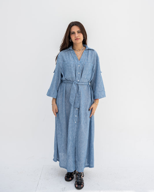 Linen Shirt Dress In Dust Blue