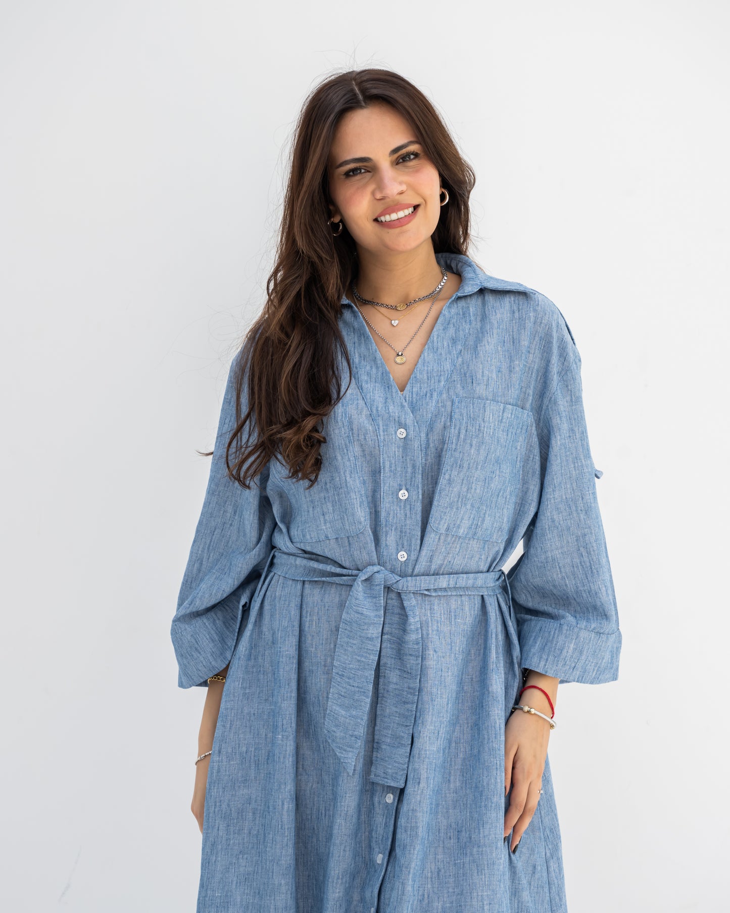 Linen Shirt Dress In Dust Blue
