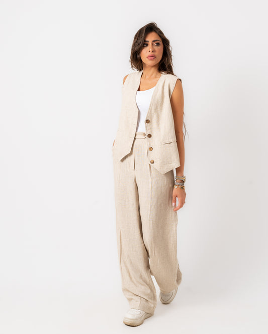 Women's Pure Linen Blazer Vest Set In Beige