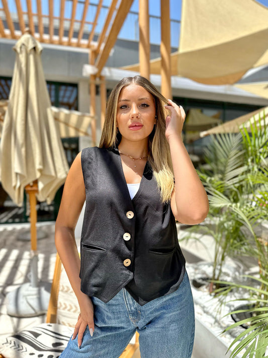 Women's Black Linen Blazer Vest - Elegant Sleeveless Top - Made in Egypt