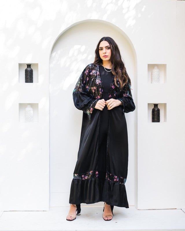 Black satin cardigan with star pattern by Aya Osama Couture, perfect for stylish and elegant outfits.