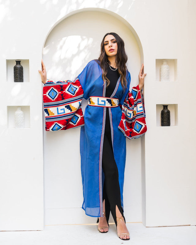 Blue squared sleeves kaftan by Aya Osama Couture, Egyptian abaya dress, modest fashion, elegant kaftan outfit, perfect for modest wear.