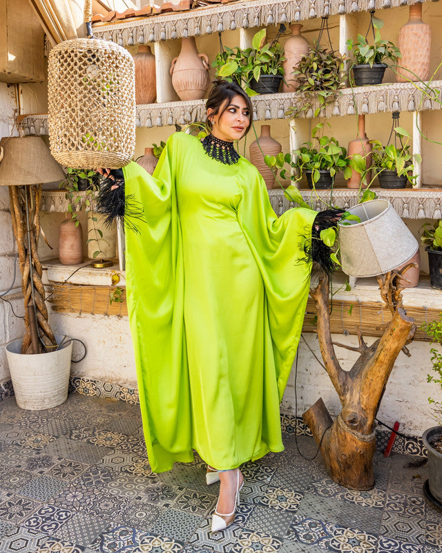 Cleopatra Dress - Green Pure Satin with Feathers & Necklace - Elegant Egyptian-Inspired Women's Fashion - One Size Fit