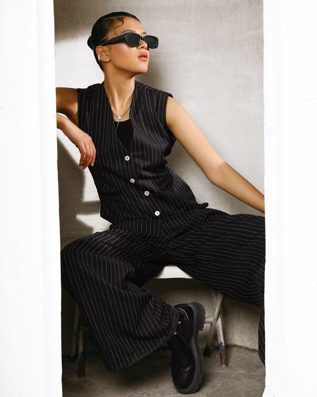 Women's Striped Vest Set in Black - Elegant TR Fabric Blend of Rayon & Polyester - Made in Egypt