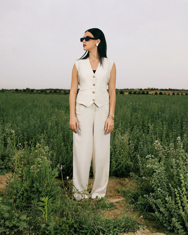 Elegant women's blazer vest set in beige and pink by Aya Osama Couture, made from pure linen fabric, perfect for formal and office wear.