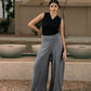 Elegant grey flowy pants by Aya Osama Couture, made in Egypt, featuring lightweight CY fabric for a comfortable, stylish, and breathable summer look.