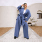 Blue V-Cut Linen Cardigan Set by Aya Osama Couture - Stylish Women's Fashion Outfit, Designer Egyptian Cardigan Collection