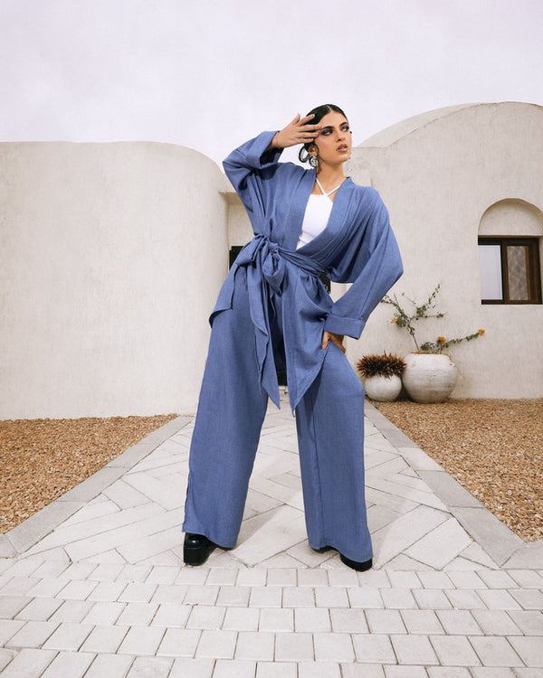 Blue V-Cut Linen Cardigan Set by Aya Osama Couture - Stylish Women's Fashion Outfit, Designer Egyptian Cardigan Collection