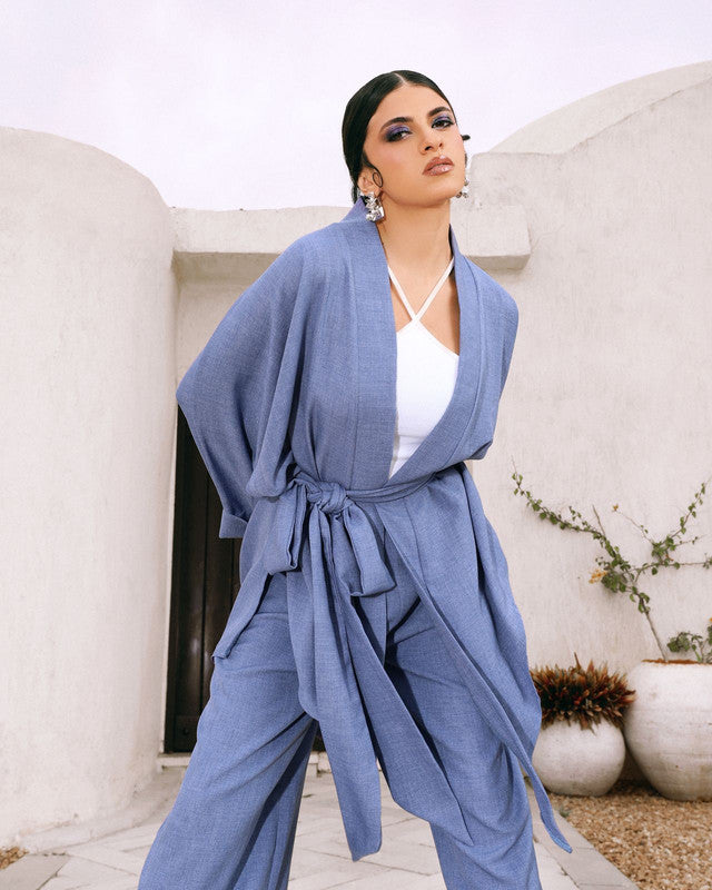 Women's Linen V-Cut Cardigan Set - Blue | Stylish & Comfortable | Made in Egypt