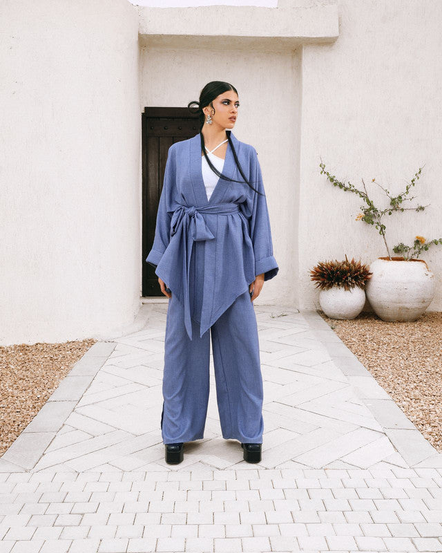 Women's Linen V-Cut Cardigan Set - Blue | Stylish & Comfortable | Made in Egypt