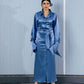 Elegant blue satin modesty shimmer dress by Aya Osama Couture, perfect for formal evening wear and modest fashion.