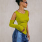 Lime green one-sleeve off-shoulder cotton top by Aya Osama Couture, trendy and stylish Egyptian fashion for women.