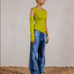 Women's One Sleeve Off Shoulder Top - Lime Green, Cotton, Ripped Design, Trendy Fashion Blouse, Made in Egypt