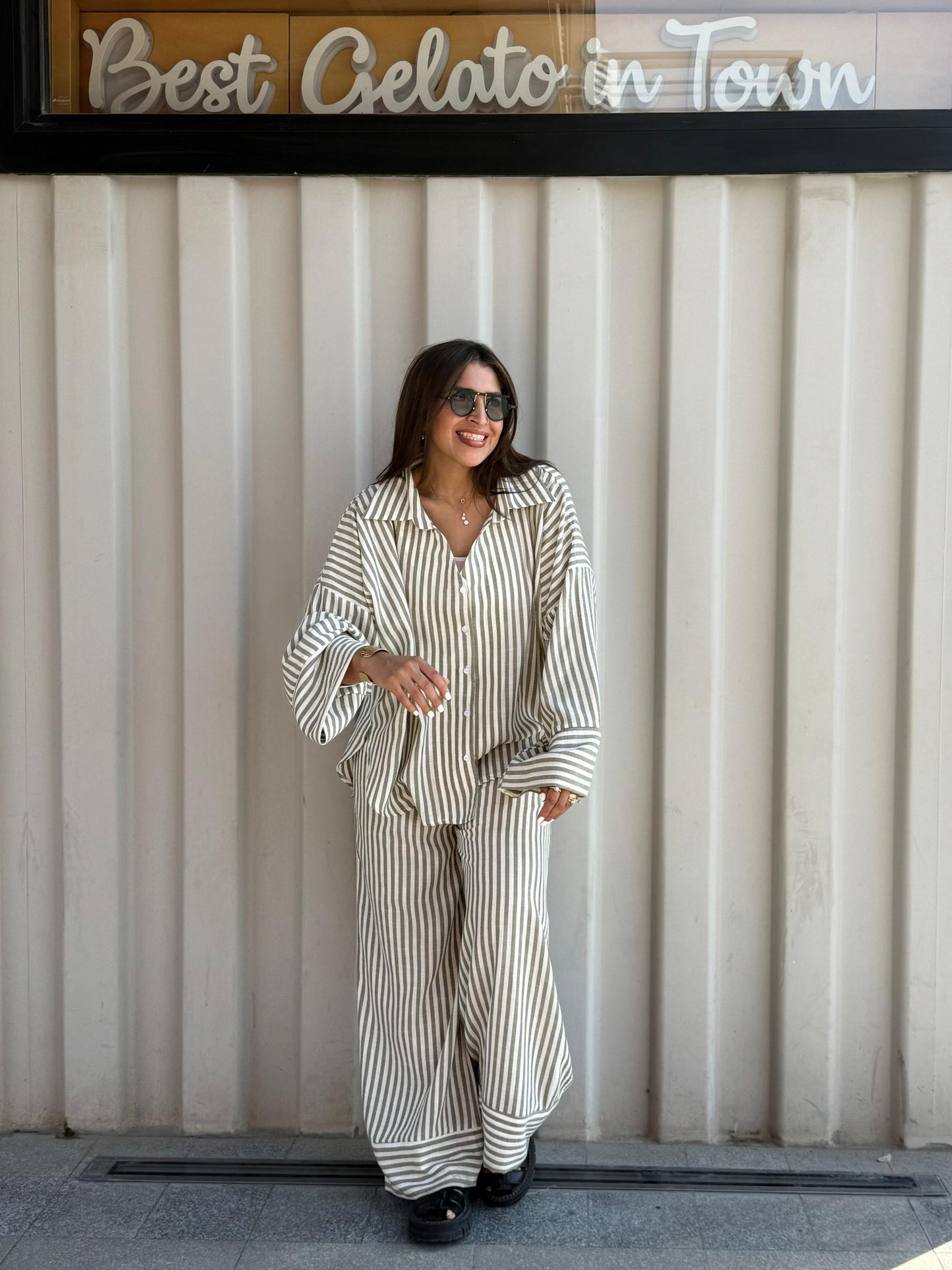 Striped Linen  Over-Size set in Sage