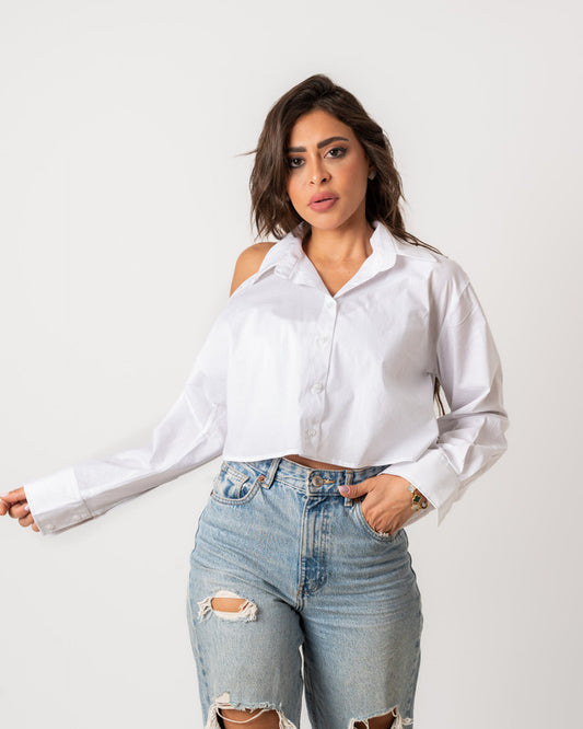 White cropped off-shoulder poplin shirt by Aya Osama Couture - trendy summer top for women's casual wear, stylish and fashionable.