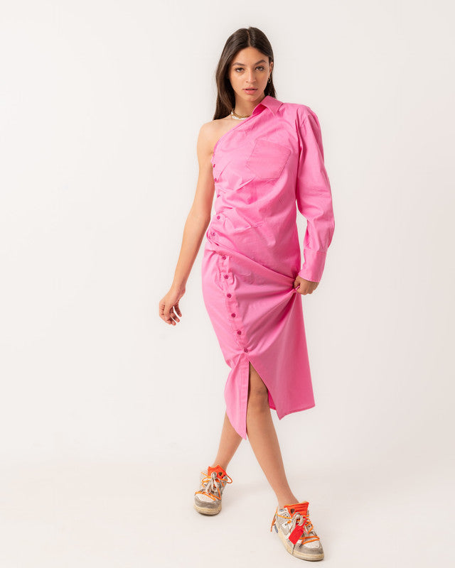 Women's Off-Shoulder Poplin Dress in Pink - Elegant Summer Fashion, Made in Egypt