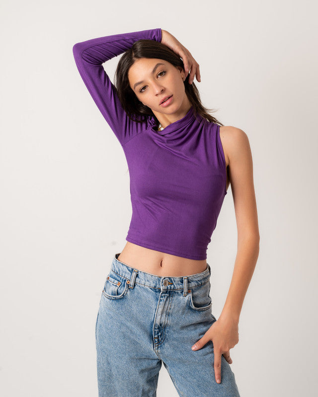 Purple asymmetrical cotton lycra top by Aya Osama Couture, showcasing trendy and unique Egyptian women's fashion.