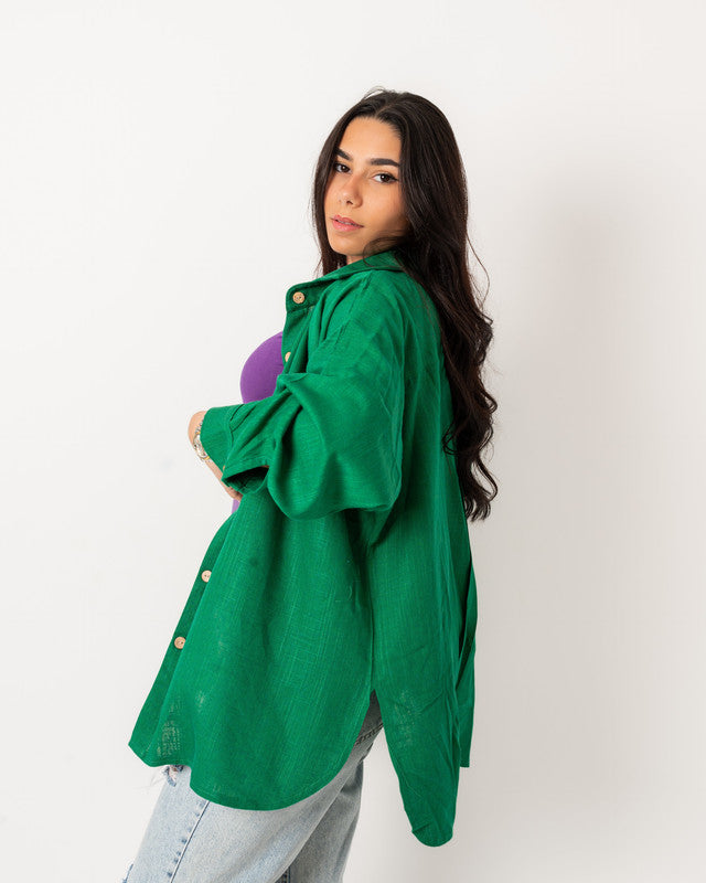 Green Linen Shirt by Aya Osama Couture - Lightweight, Breathable, Eco-Friendly, Stylish, and Comfortable for Casual Summer Wear