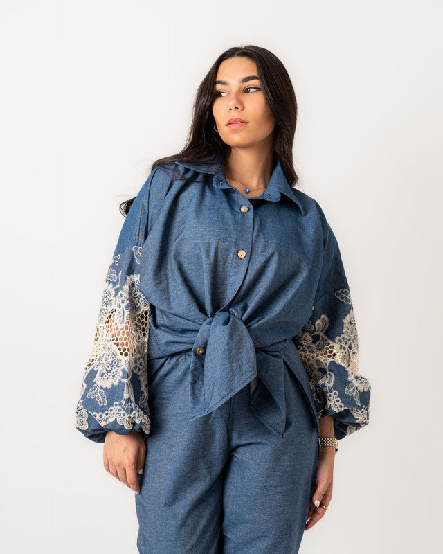 Women's Embroidered Denim Shirt Set - Stylish & Comfortable Egyptian Fabric