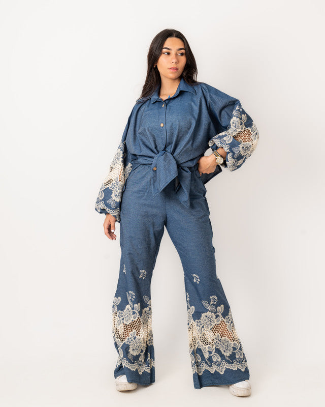 Women's Embroidered Denim Shirt Set - Stylish & Comfortable Egyptian Fabric