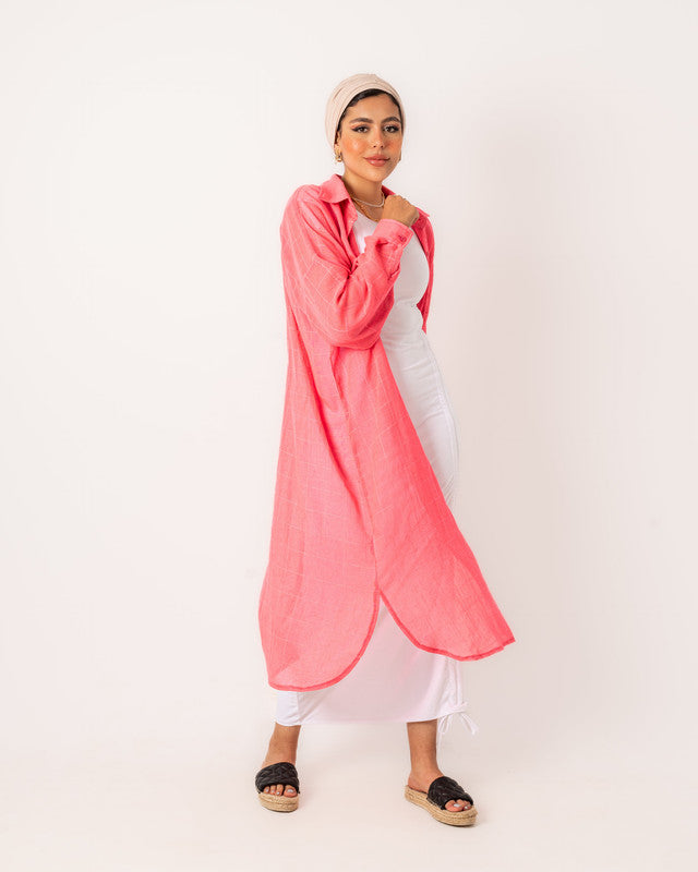 Women's Pink Linen Checkered Long Shirt - Stylish Casual Tops Made in Egypt