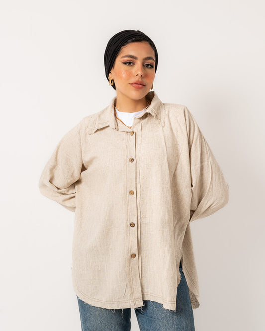 Beige unfinished pure linen shirt by Aya Osama Couture, Egyptian linen fabric, perfect for casual and formal wear.