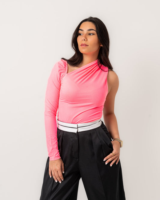 Neon pink asymmetrical cotton lycra top by Aya Osama Couture, trendy and stylish Egyptian fashion for women.