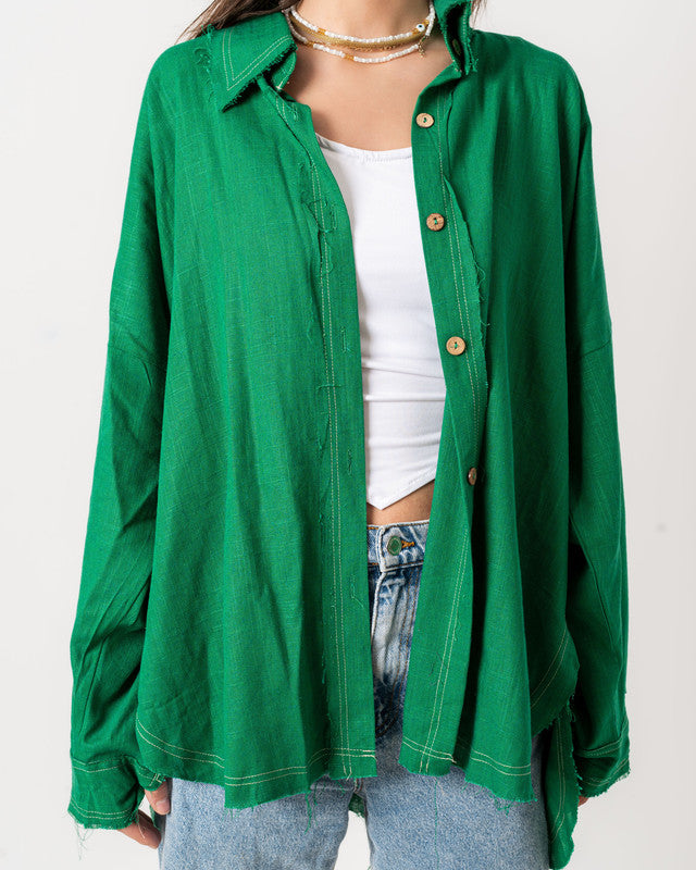 Women's Unfinished Linen Shirt - Green | Premium Egyptian Linen Fabric | Casual & Stylish Tops