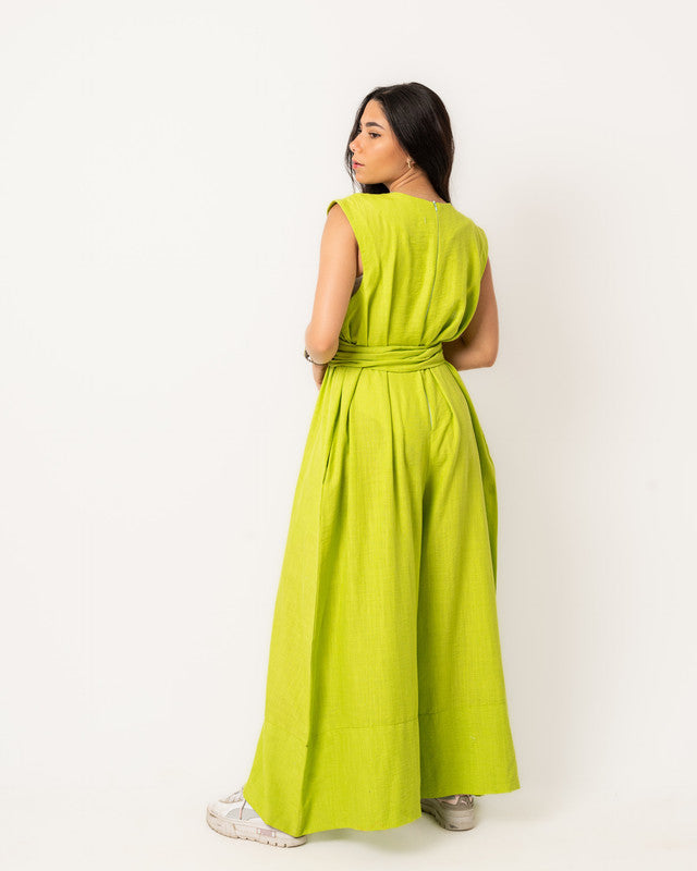 Women's Linen Overall Set - Lime Green, Premium Egyptian Linen Fabric, Stylish & Comfortable Jumpsuit