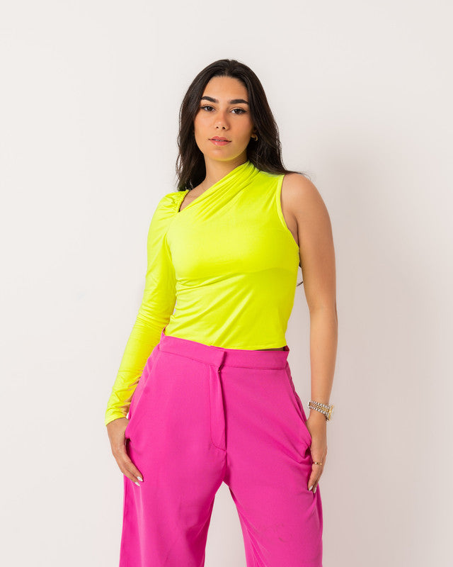 Women's Asymmetrical Top - Neon Green Cotton Lycra, Made in Egypt