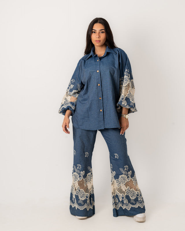 Women's Embroidered Denim Shirt Set - Stylish & Comfortable Egyptian Fabric